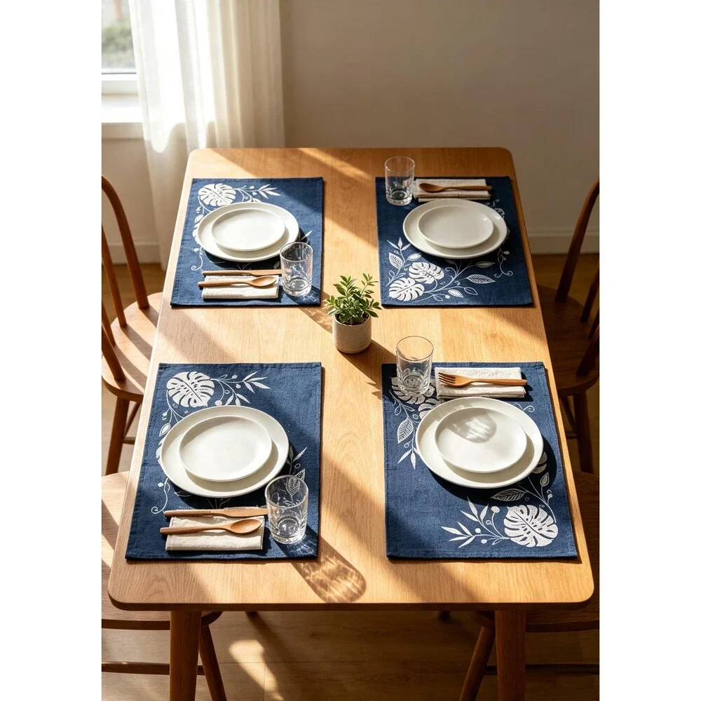 Handmade Indigo Batik Monstera Placemats, Botanical Table Mats, Kitchen Dining